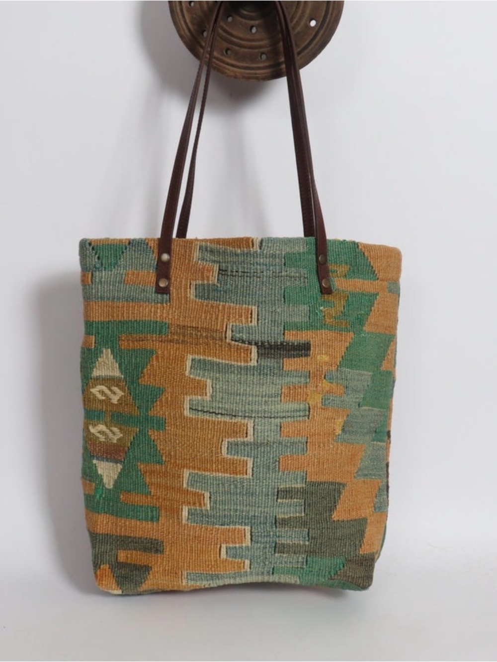 Handwoven Tribal Pattern Tote Bag in Green & Tan